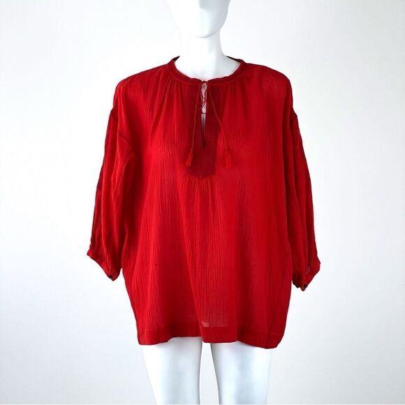 Madewell Openview Embroidered Blouse Tassels Peasant Boho Red Sz XS - Picture 2 of 9